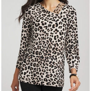 Chicos Travelers Animal Print Lattice Top Neutral Leopard Classic Size 1 | M 8